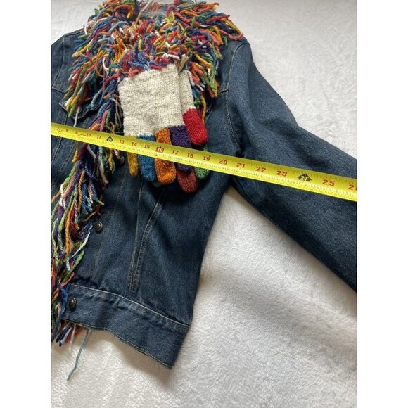 Amano Womens M Blue Denim Multicolor Wool Shag Trim Gloves Jean Jacket - Picture 6 of 11